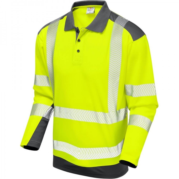 Leo Workwear P15-Y/GY Wringcliff EcoViz Coolviz Plus Sleeved Polo Shirt Yellow / Grey